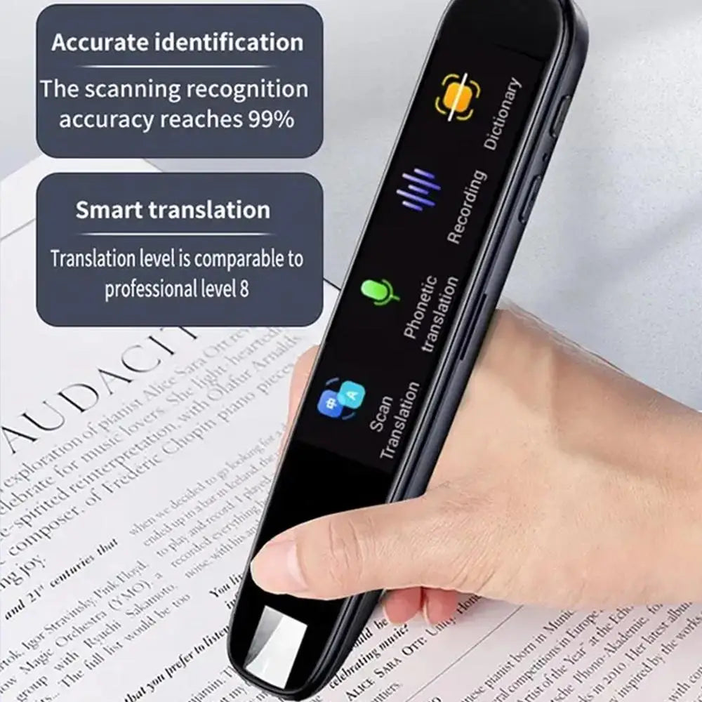 Portable language translator pen, sleek design, highlighting multi-language support and smart scanning feature