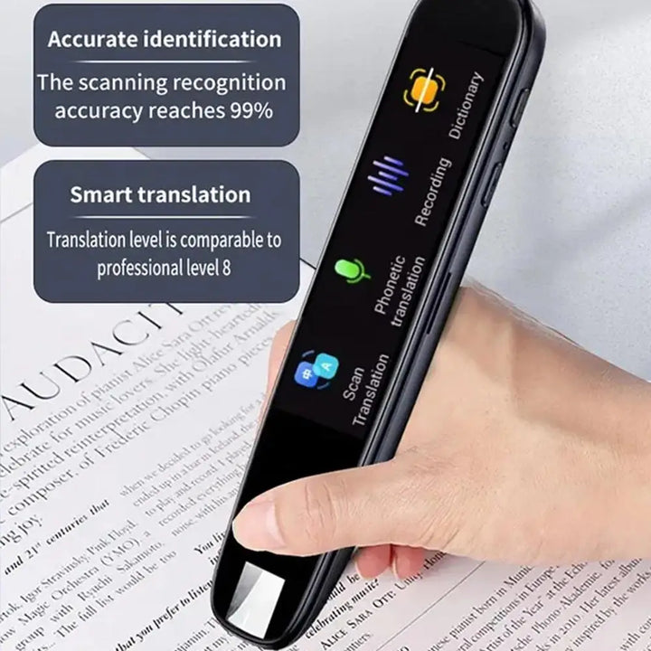 Portable language translator pen, sleek design, highlighting multi-language support and smart scanning feature