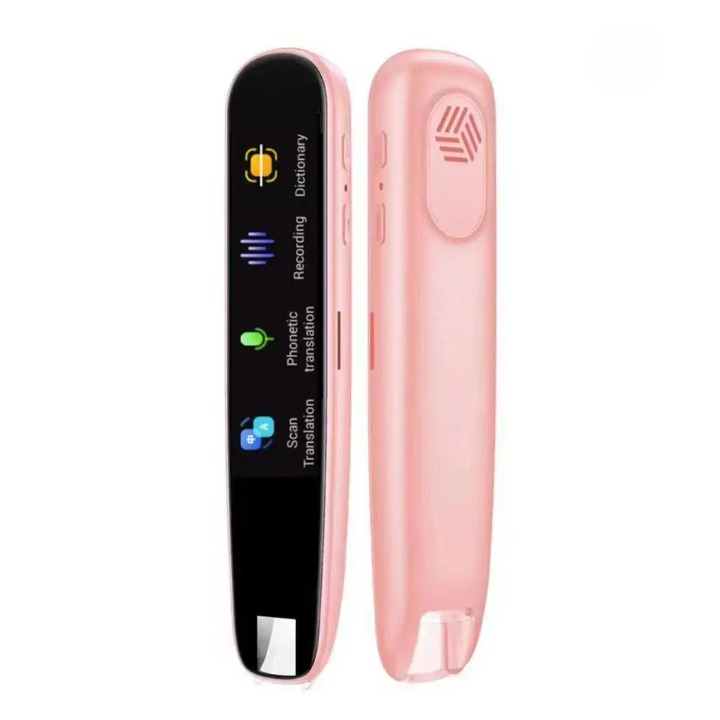 Hand holding intelligent translator pen, demonstrating its use for instant translation of printed text