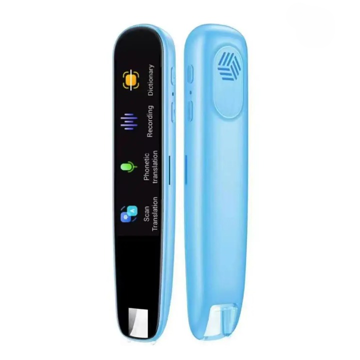High-tech translation pen with multi-language capabilities and offline scanning feature on a desk with books