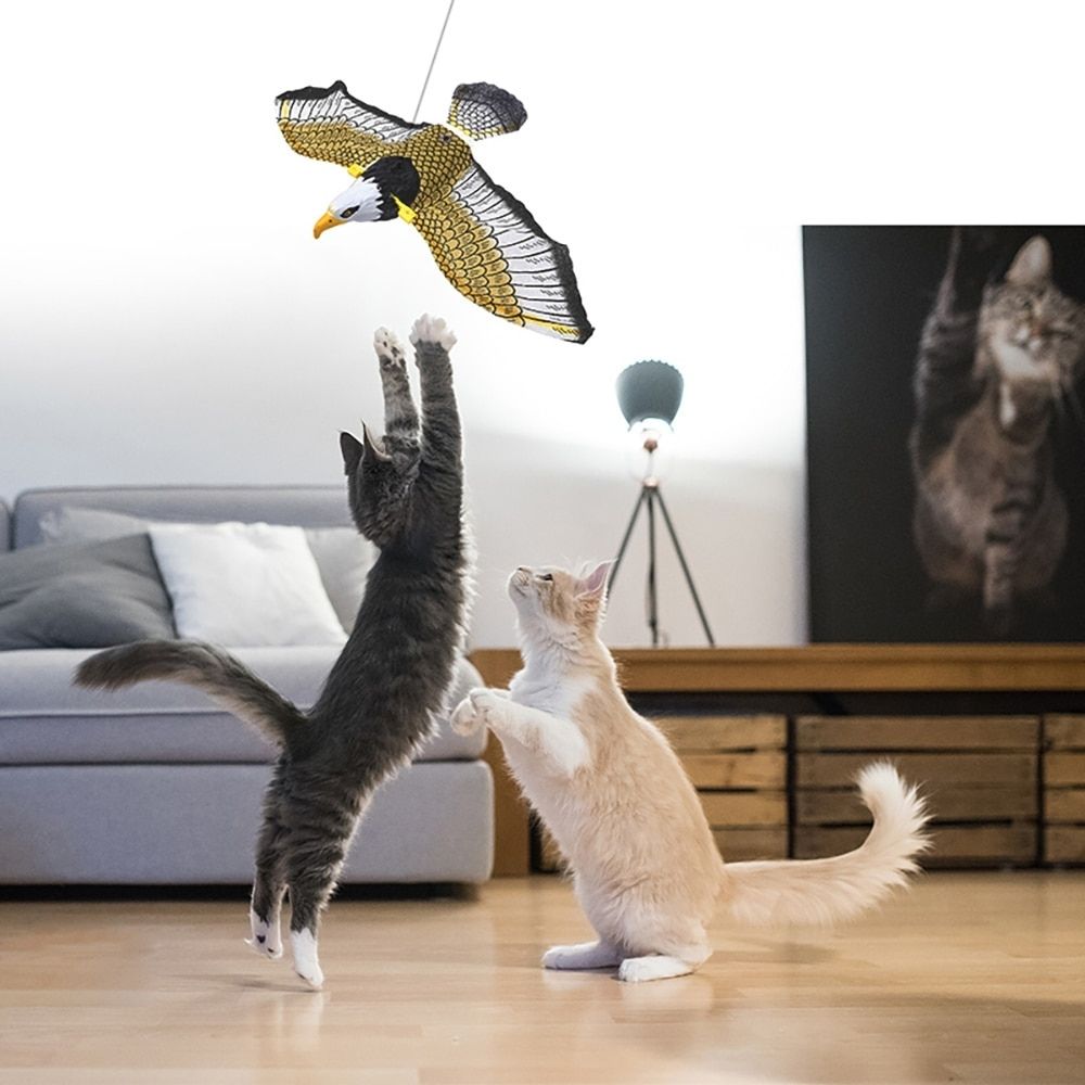 Lifelike fluttering bird feather toy stimulating feline hunting instincts & mental health.