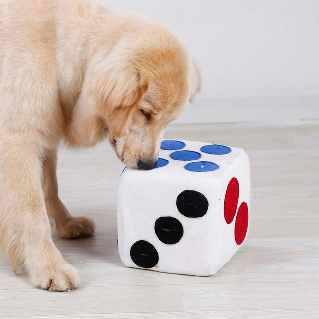 Interactive dice treat dispenser toy for pets. Mental stimulation puzzle feeder for dogs & cats, durable design.