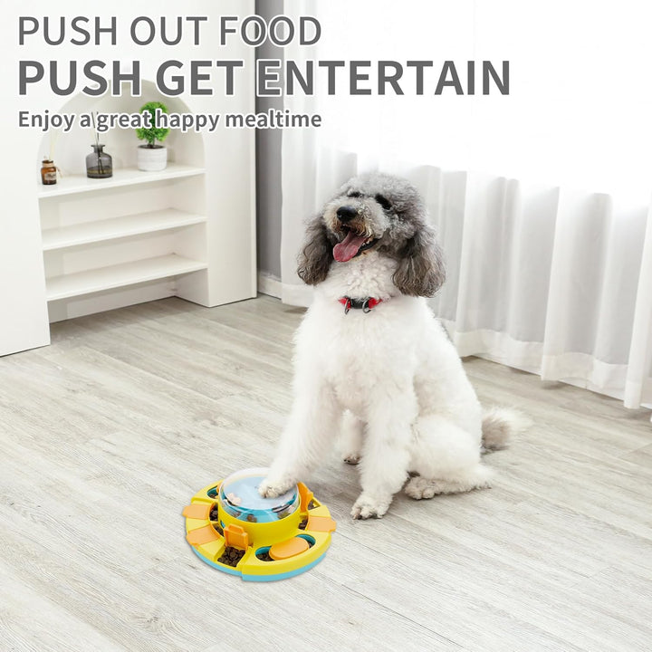 Hands-on view of the interactive dog puzzle feeder, showing its engaging design and durable build