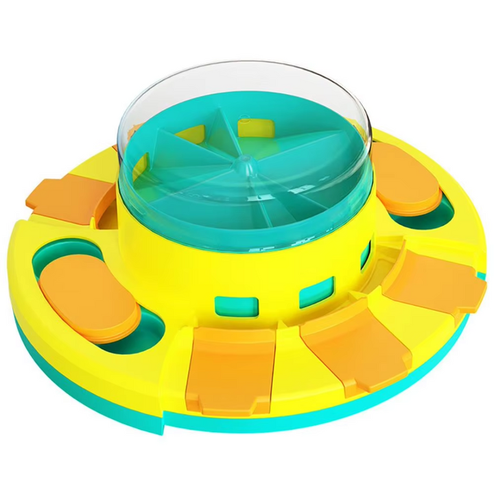 Dog enjoying an interactive puzzle feeder, stimulating its mind & rewarding good behavior
