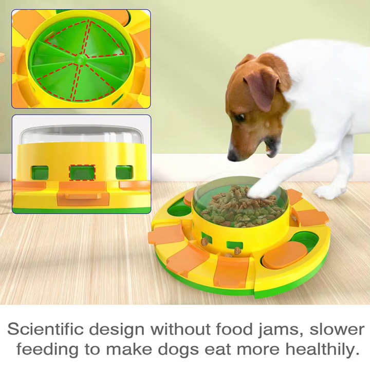A happy dog using an interactive pet puzzle feeder, preventing boredom and aiding digestion
