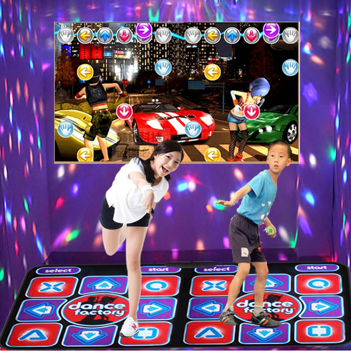 Kids & family playing interactive double dance mat, music game for fitness & home fun.