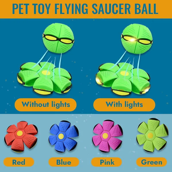 Outdoor interactive dog toy; a versatile flying saucer that flattens & pops into a ball for pets.