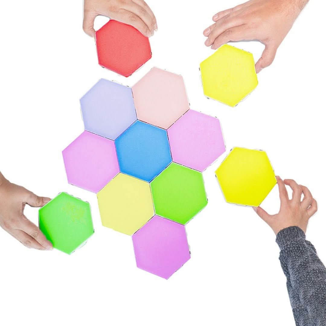 Interactive hexagonal LED wall lights, touch-sensitive RGB mood lighting for modern home decor.