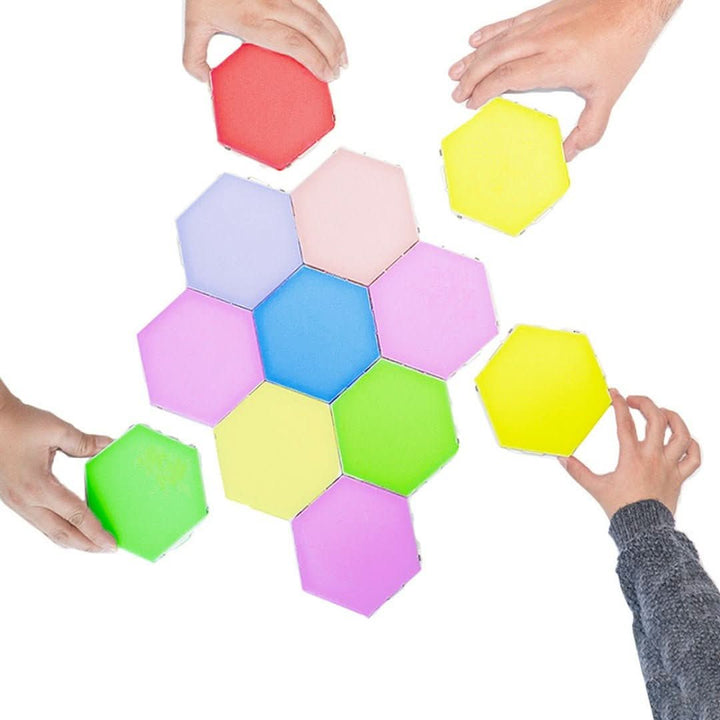 Interactive hexagonal LED wall lights, touch-sensitive RGB mood lighting for modern home decor.