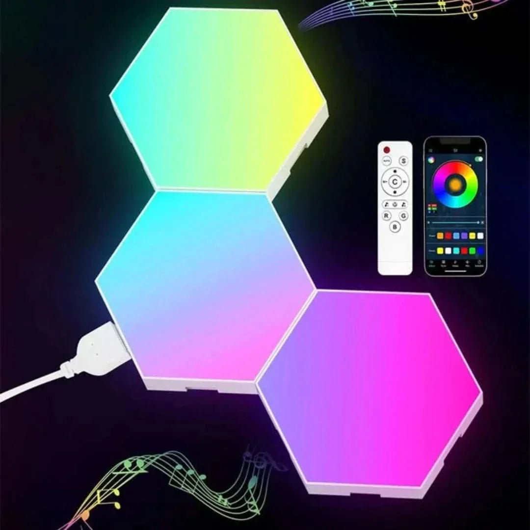 Touch-activated hexagonal LED wall panels, modern interactive lighting for sensory room decor.
