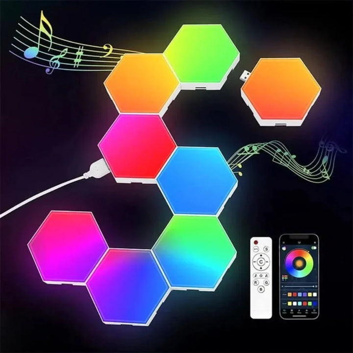 RGB LED hexagonal wall lights kit, smart touch lamp for customizable mood and home decor.