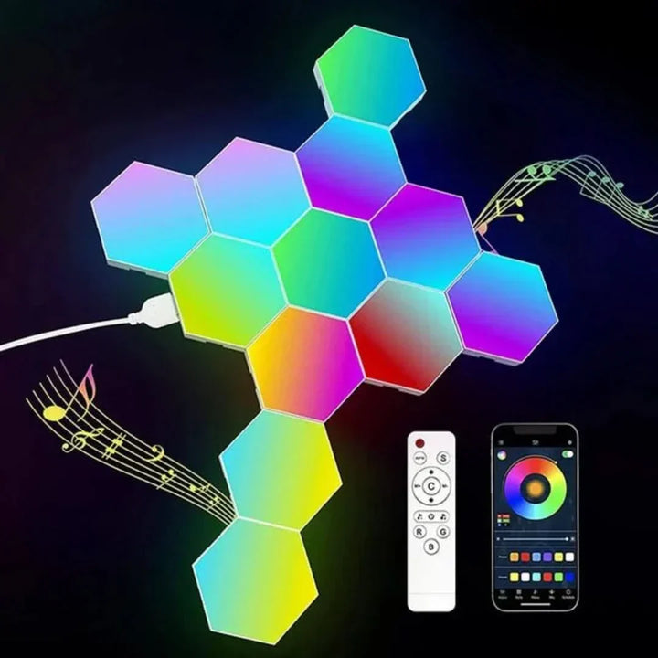Modern hexagonal LED wall lighting, interactive touch lamps enhancing smart home decor.