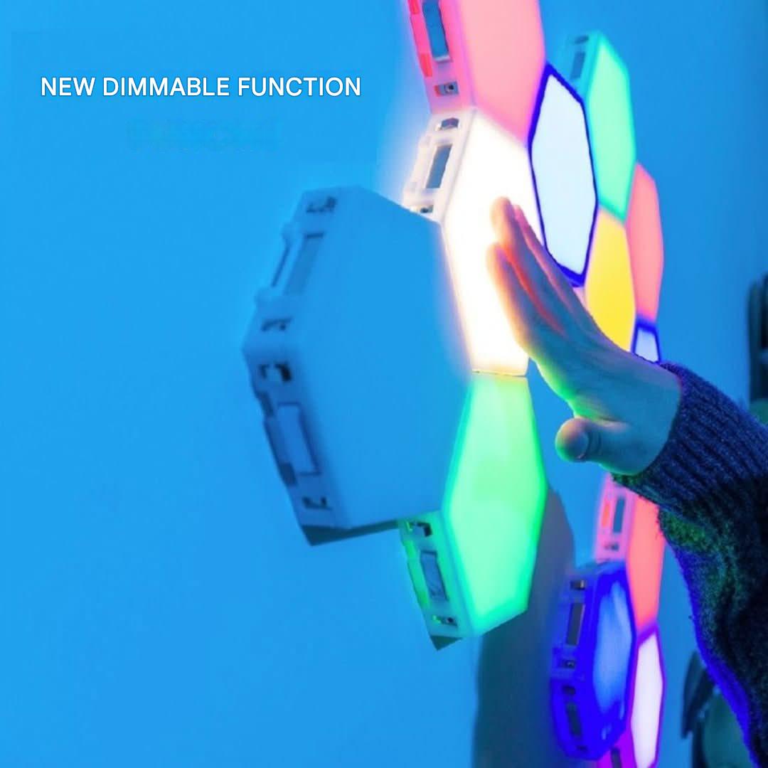 Interactive hexagonal LED lighting kit, modular touch lamps for customizable wall art & ambiance.