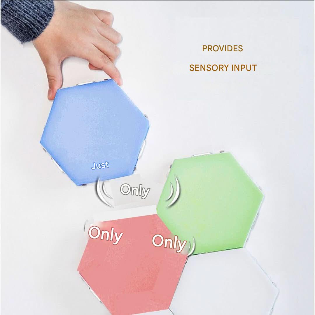 Smart hexagonal LED touch lamps, interactive wall lighting for modern RGB home decor.