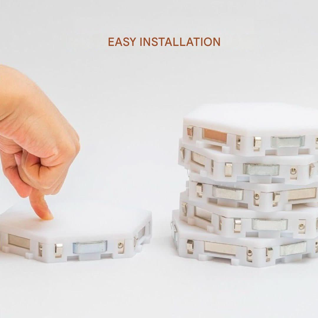 Versatile hexagonal LED wall panels, interactive RGB lighting for unique modern home design.
