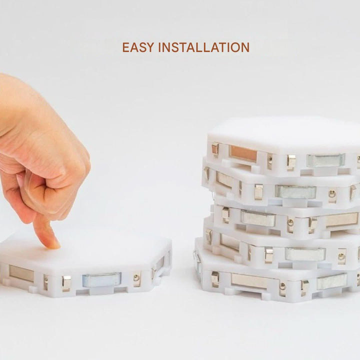Versatile hexagonal LED wall panels, interactive RGB lighting for unique modern home design.