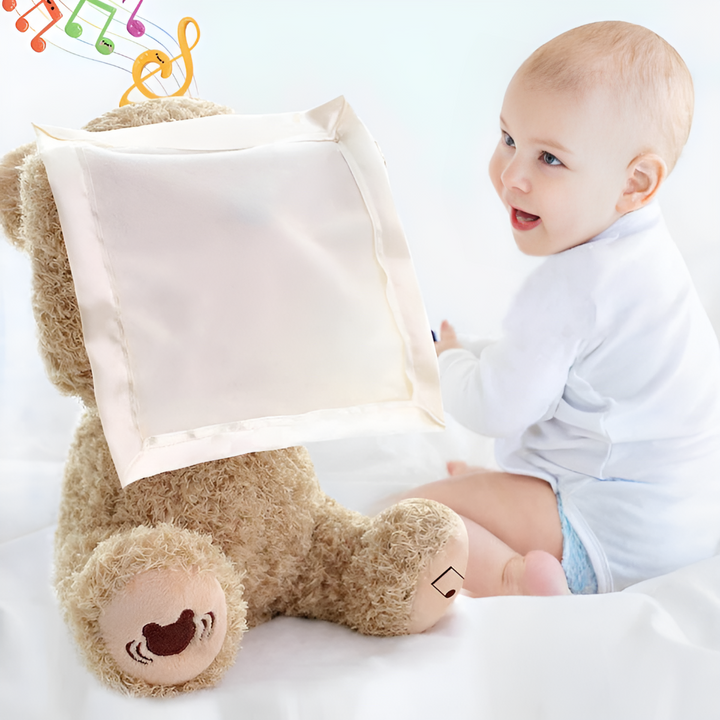Interactive peek-a-boo bear plush toy for babies and toddlers. Soft, huggable, and encourages play.