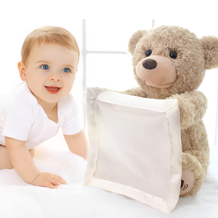 Soft plush peek-a-boo bear, an interactive developmental toy for toddlers and babies. Perfect kids gift.
