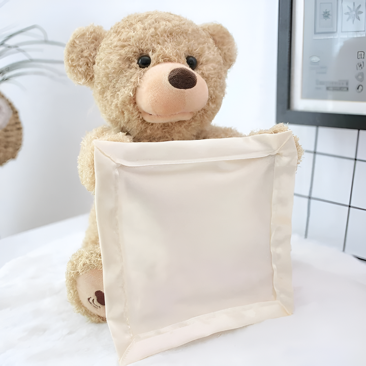 Cuddly interactive stuffed animal peek-a-boo bear for baby and toddler fun. Huggable & engaging soft toy.