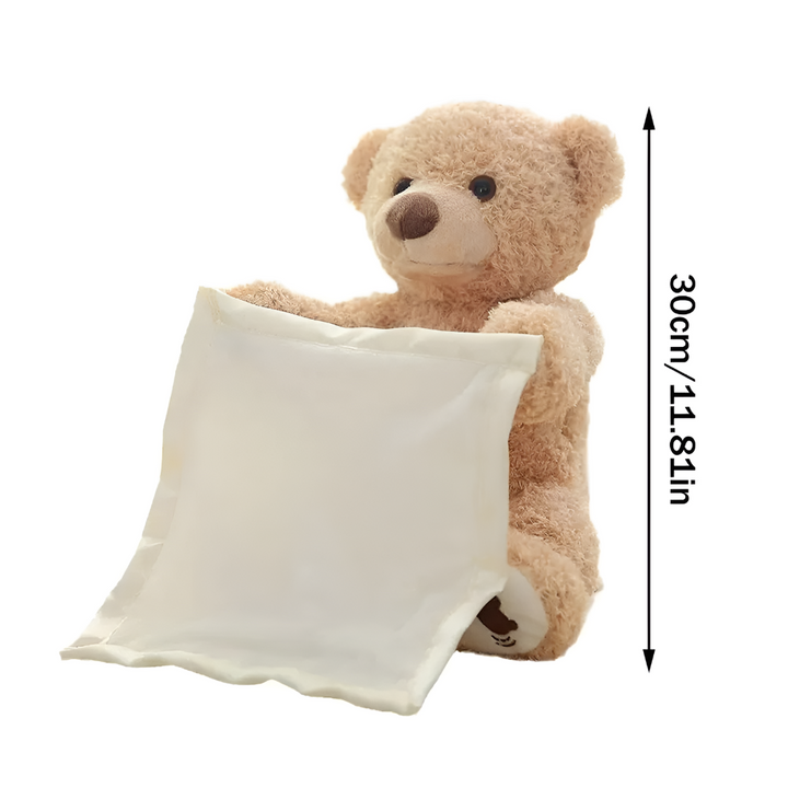 New interactive peek-a-boo bear plush, a soft developmental toy for babies and toddlers. Engages kids.