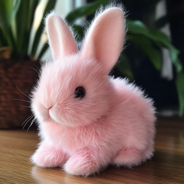 Cute interactive pink bunny plush, realistic electronic pet & sensory toy for children.