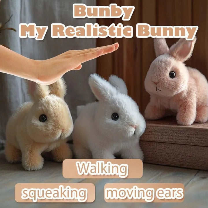 Soft brown interactive bunny plush animal, realistic electronic pet, sensory play toy.