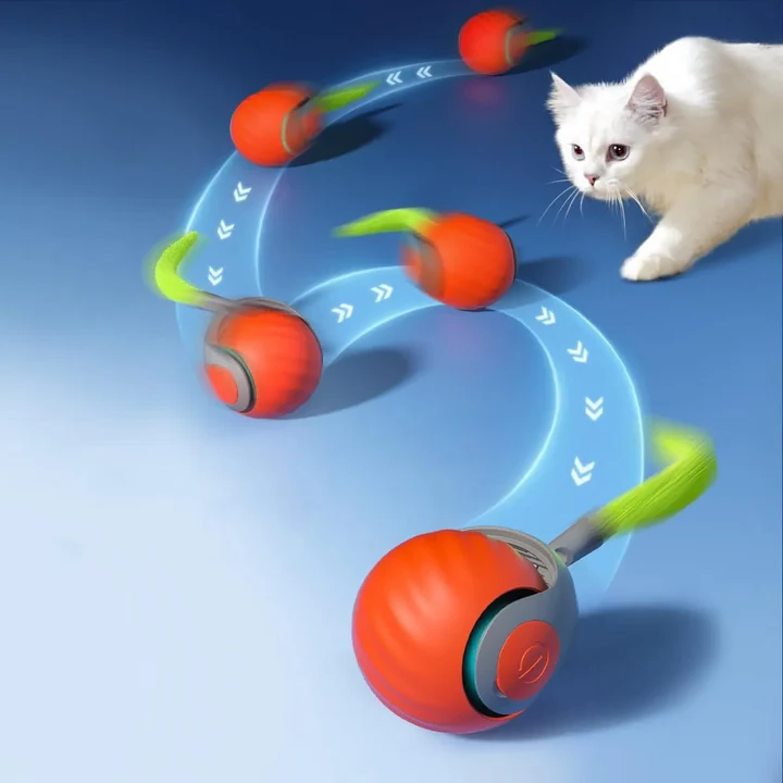 Blue & orange silicone interactive cat play ball. Rechargeable automatic toy for active kittens & cats.