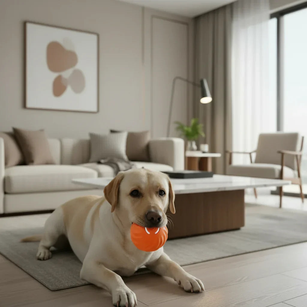 Interactive rechargeable dog ball. Bouncing TPR rubber toy for active pets.