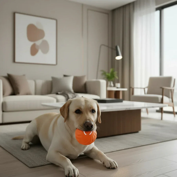 Interactive rechargeable dog ball. Bouncing TPR rubber toy for active pets.