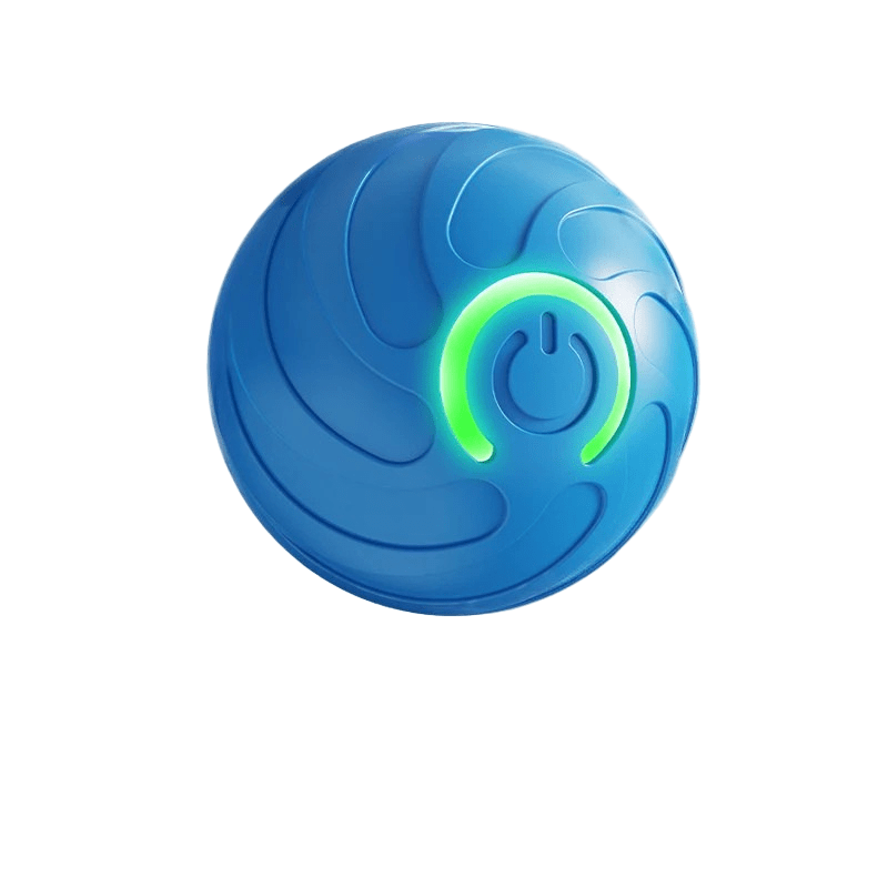 Close-up of the interactive dog ball. Rechargeable, durable TPR rubber.