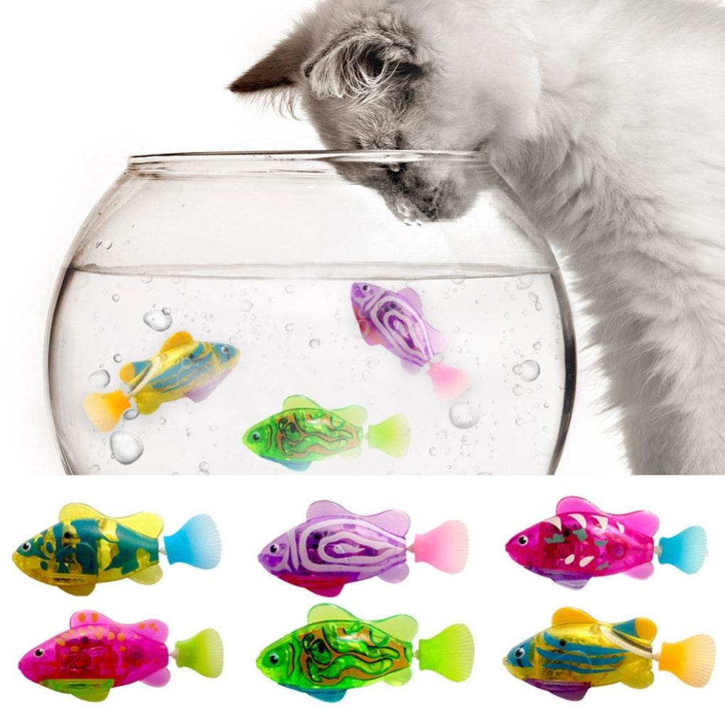 Interactive swimming fish cat toy with LED lights for engaging feline water play & enrichment. Non-toxic pet fun.