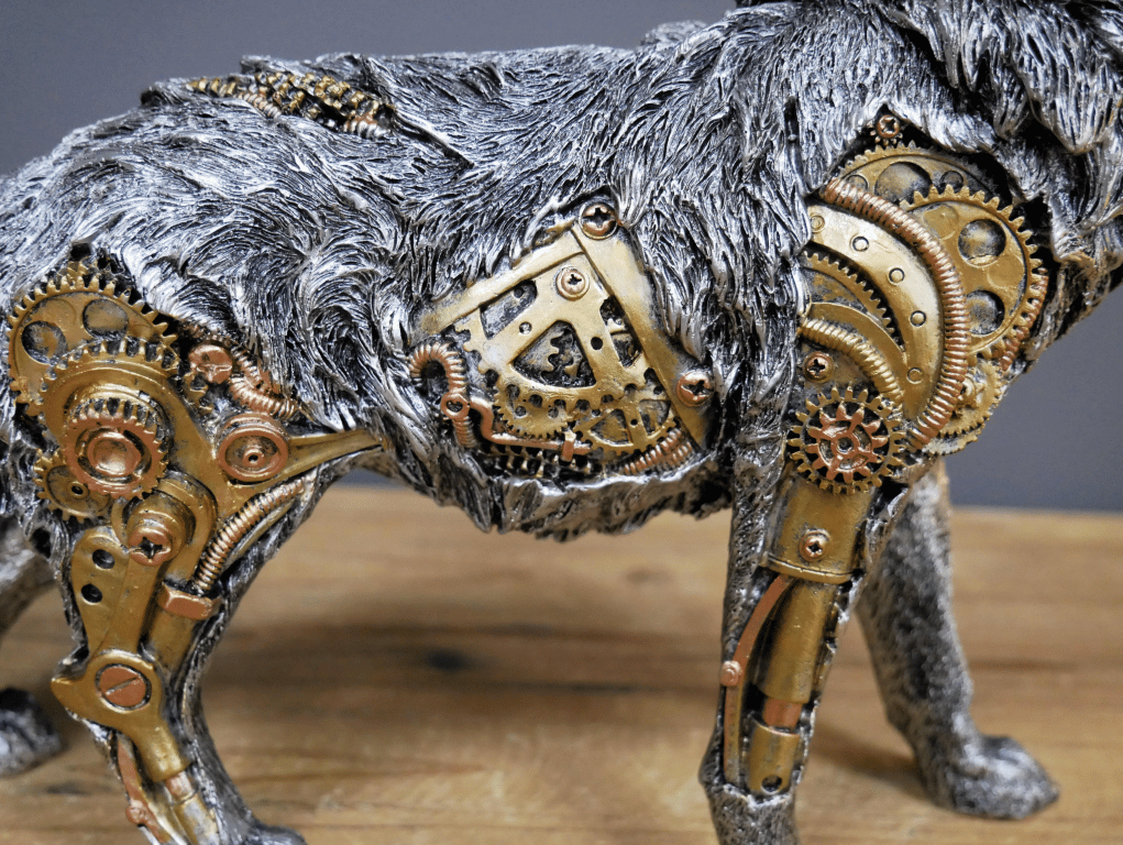 Detailed GearBeast steampunk animal figurine, intricate mechanical art for office decor.
