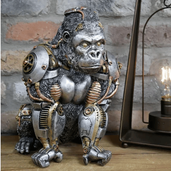 Artisan resin steampunk animal figurine, featuring gears and pipes, unique decor.
