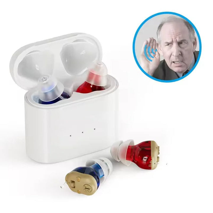 Packaging for invisible in-ear hearing aid, SoundComfort audio amplifier, clear branding
