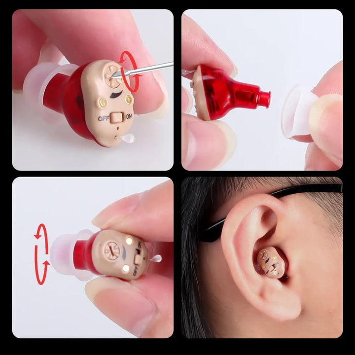 Invisible in-ear hearing aid with cleaning tools, maintenance for SoundComfort audio device