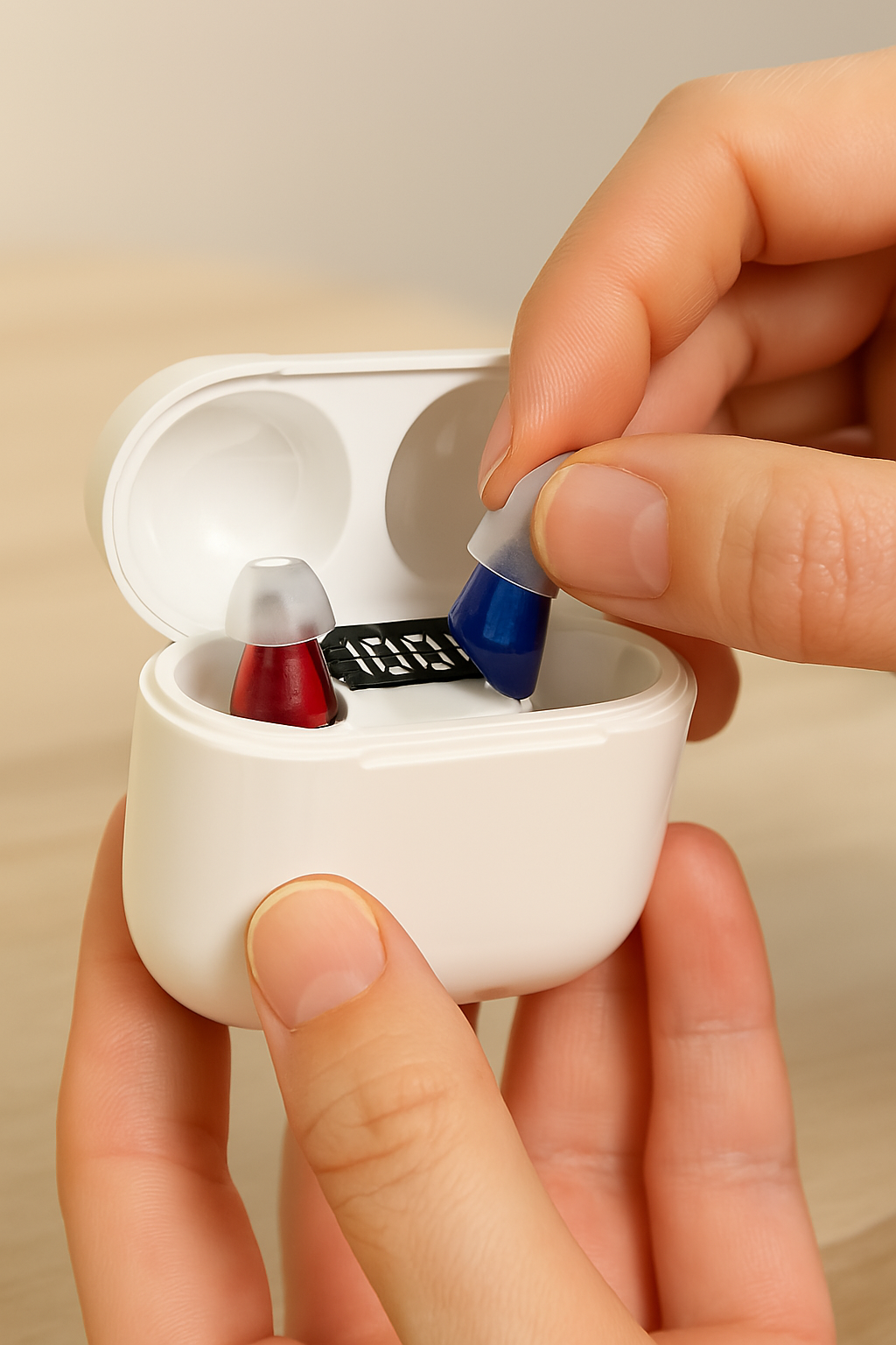 Man demonstrating invisible in-ear hearing aid, discreet SoundComfort audio gadget, comfortable fit