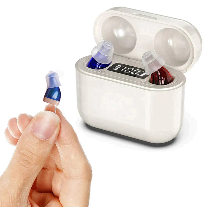 Close-up of invisible in-ear hearing aid, discreet SoundComfort audio device for enhanced hearing