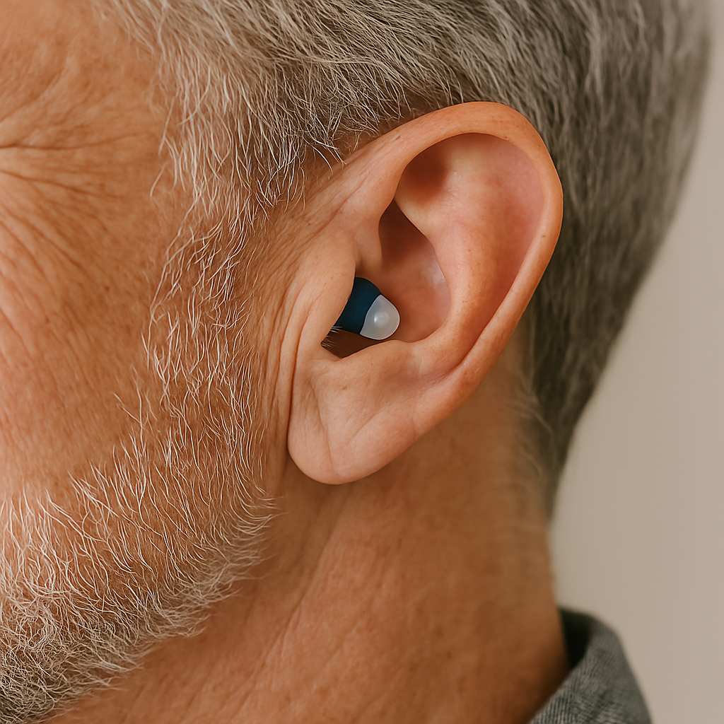 Invisible in-ear hearing aid in hand, showing its small size, discreet SoundComfort audio gadget