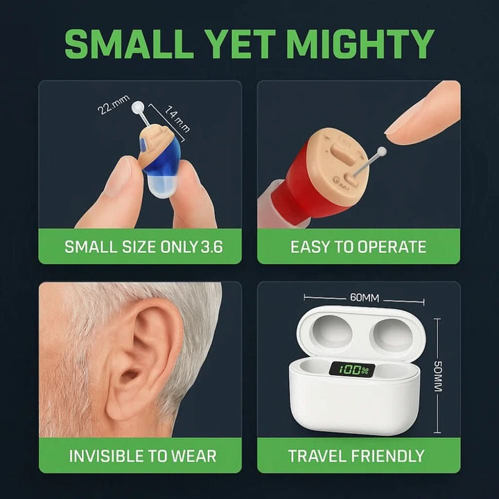 Invisible in-ear hearing aid delivering superior sound clarity for a natural, enhanced listening experience.