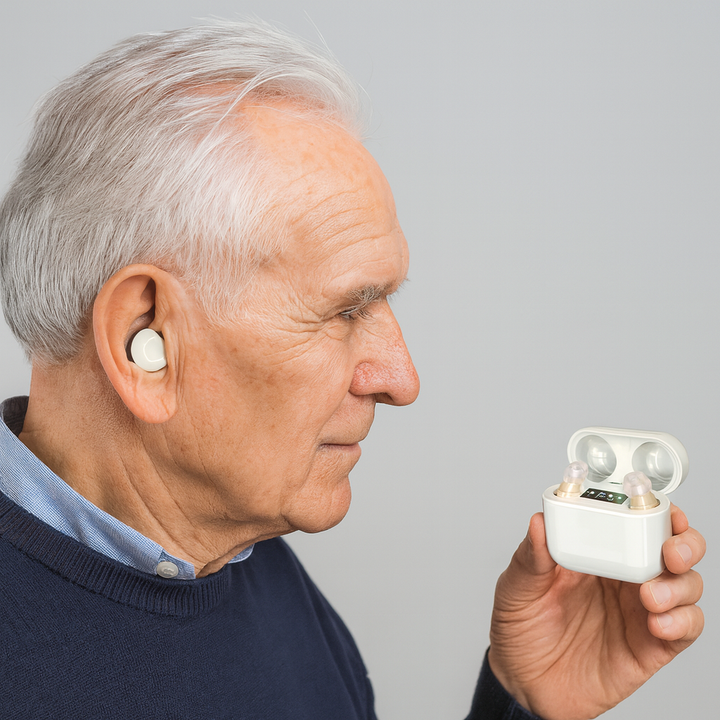 Invisible in-ear hearing amplifier for clear sound, discreetly boosting audio for a better listening experience.