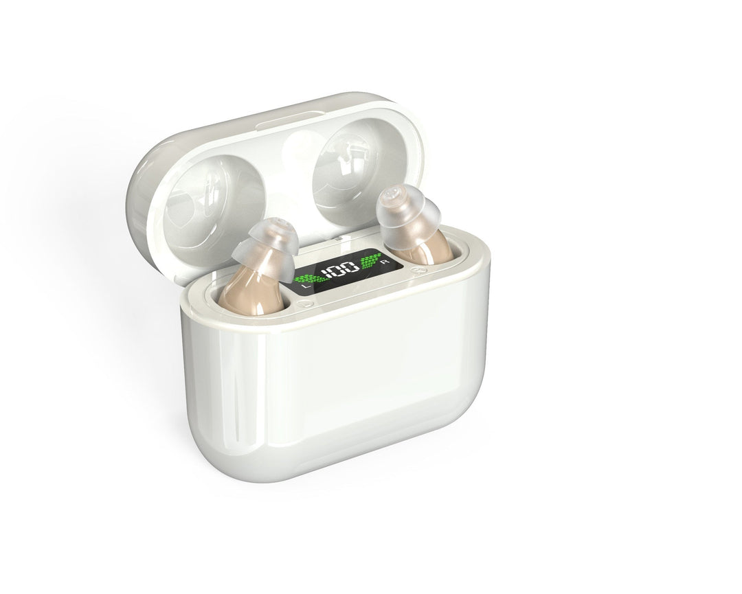 Rechargeable white invisible in-ear hearing amplifier; a personal sound booster for clear, enhanced audio.