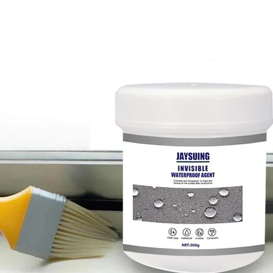 Clear waterproof sealant applied to a surface, providing an invisible protective barrier for home leak repairs.