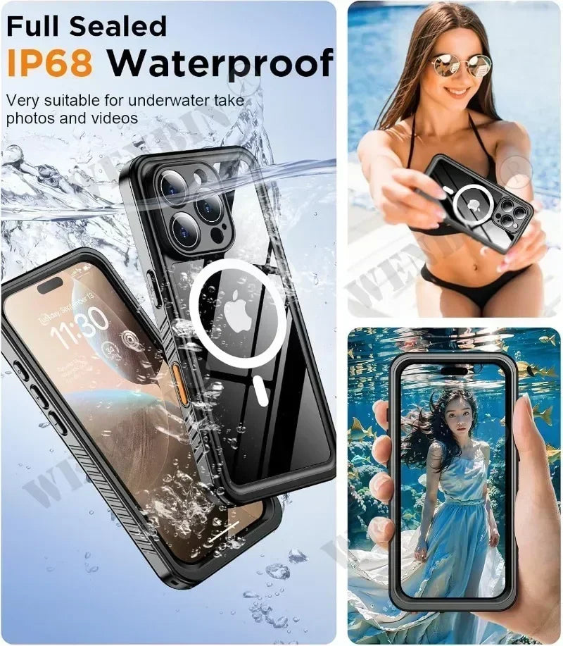 Durable IP68 full-body diving case, magnetic closure, perfect for watersports and outdoor adventures