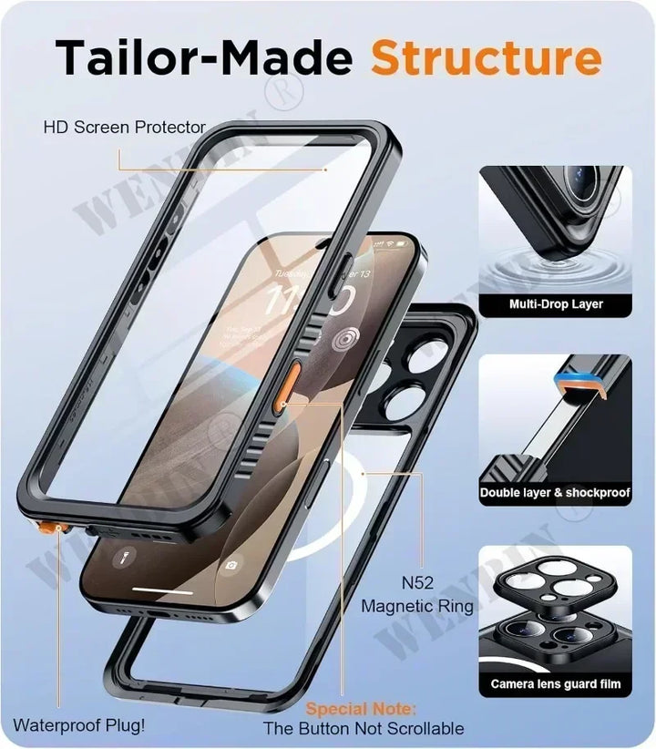 Magnetic fit IP68 full-body waterproof case, ideal for diving, swimming, and extreme sports