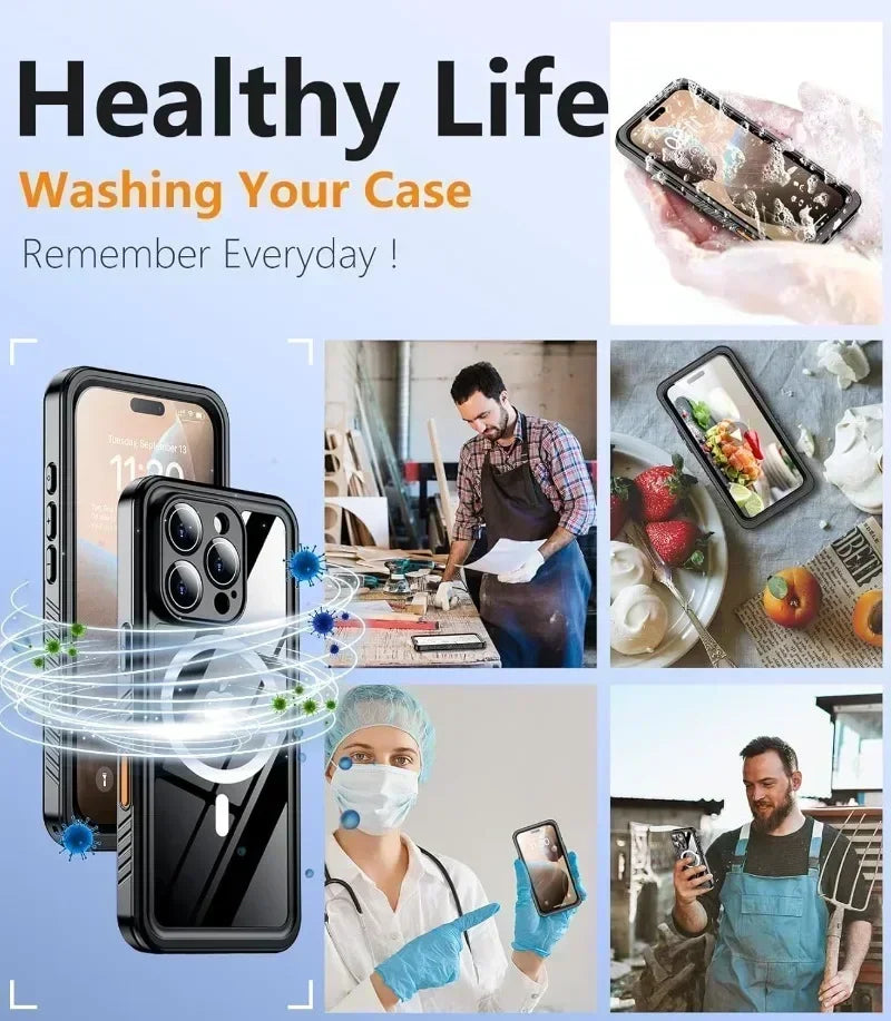 Smartphone diving case, IP68 certified, with strong magnetic closure for secure and dry phone use