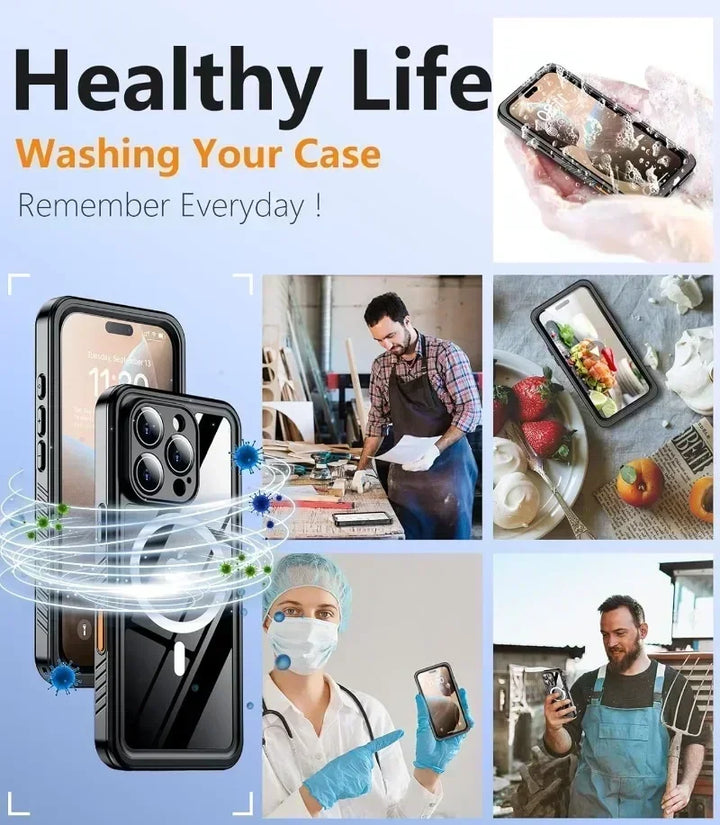 Smartphone diving case, IP68 certified, with strong magnetic closure for secure and dry phone use