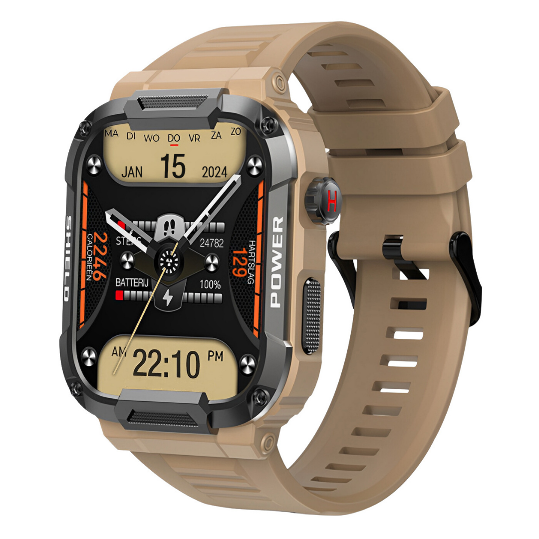 Man hiking outdoors wearing IronPulse X1 rugged smartwatch, showcasing its durable design, GPS, and adventure readiness.