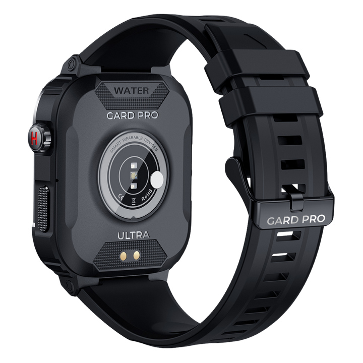 Man tracking workout with IronPulse X1 rugged sports watch, monitoring fitness goals & health data effectively.
