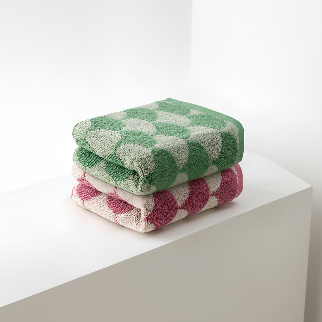 Hand-finished jacquard cotton towel, fan design, offering both decorative charm and superior absorbency.