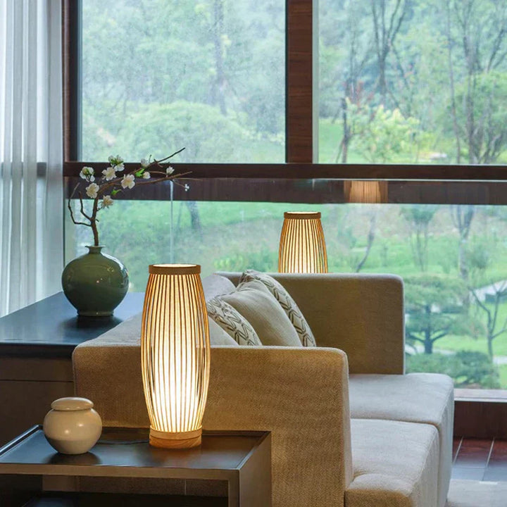 Elegant Asian style table lamp with bamboo frame & rice paper shade, ideal for Zen living room decor.